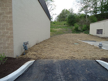 A picture of the grading and seeding for grass between the buildings